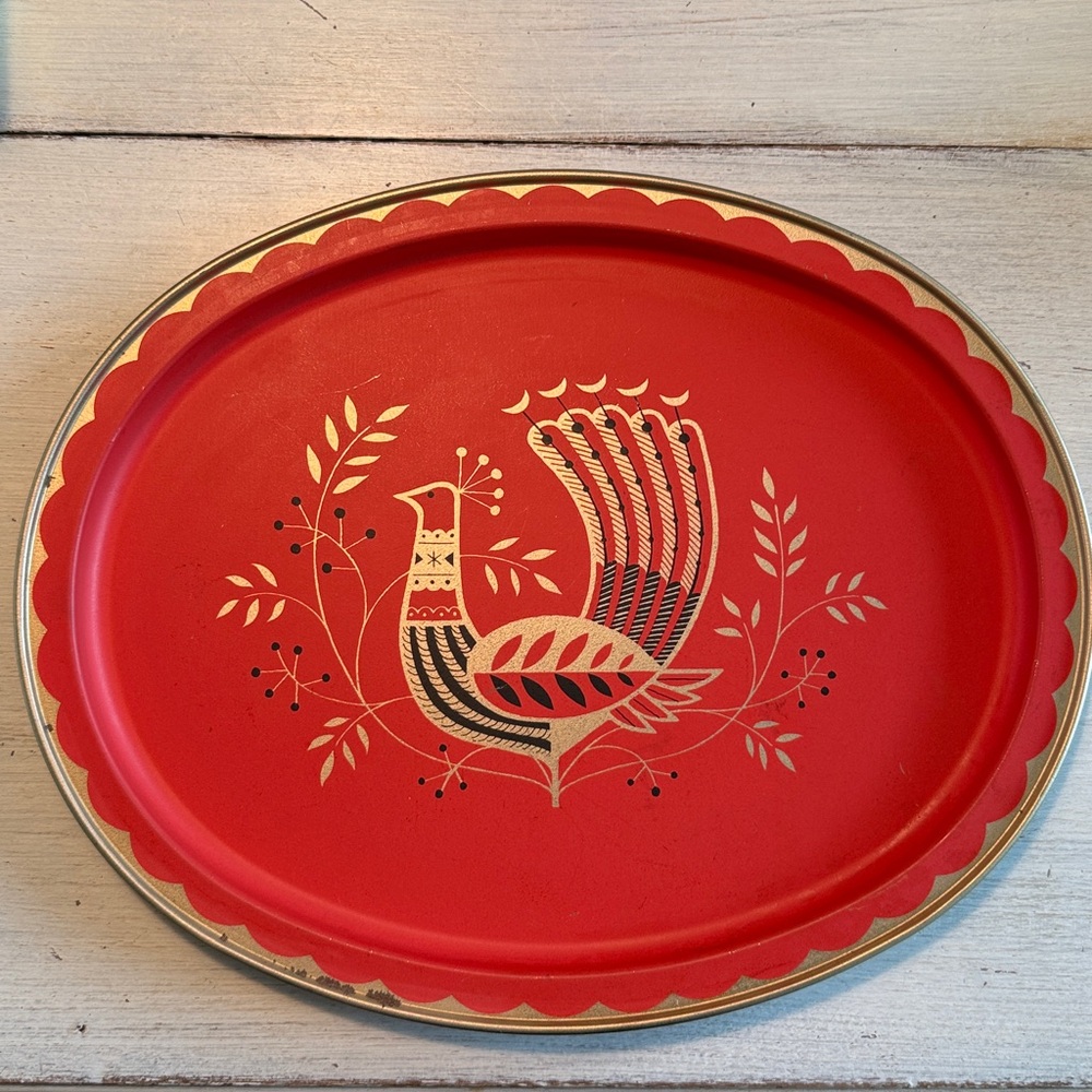 Mid Century Peacock Tole Oval Metal Bar Tray - 11.5”x14.5”